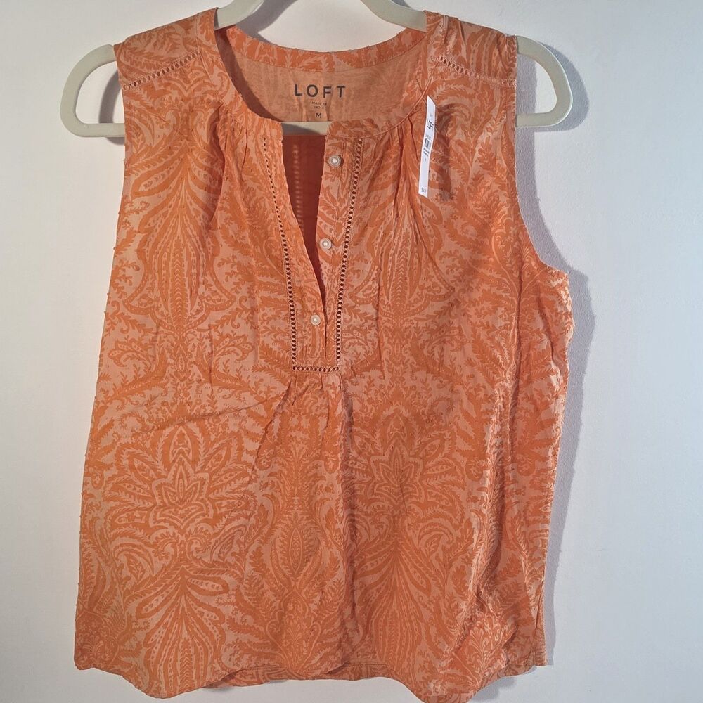 Loft Sleeveless Paisley 1/4 Button Up Blouse Women's Sz M Textured Orange New